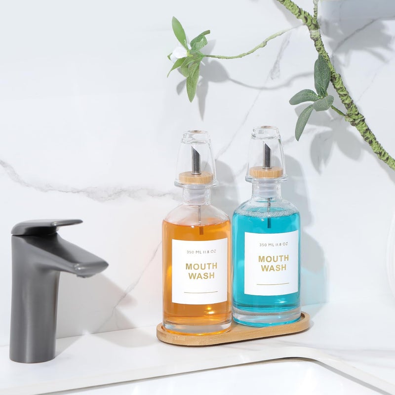 BONLONG 11.8OZ Glass Mouthwash Dispenser for Bathroom with Stainless Steel & Bamboo Nozzle, Mouthwash Cup Reusable, Bamboo Tray, and Elegant Gold Sticker.Set of 2（Clear - Image 5